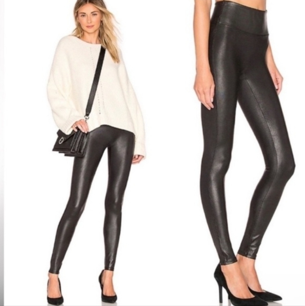 SPANX Shiny Faux Leather High-Waist Leggings in Black Shimmer Size Medium Petite